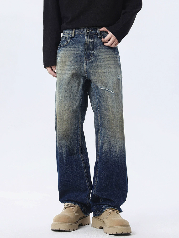 厂家直销男士宽松破洞牛仔裤，休闲百搭直筒款，秋季时尚街潮风格，水洗做旧工艺