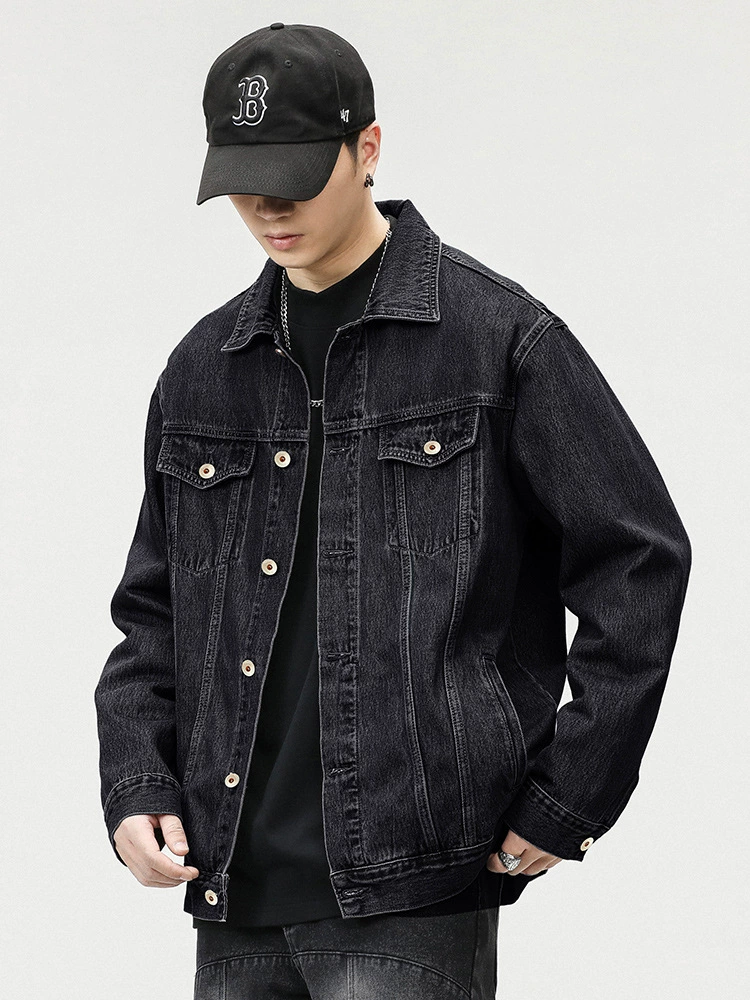 厂家直销男士宽松黑色牛仔外套，耐磨防撕裂，春秋日常，多口袋设计，日系复古风格