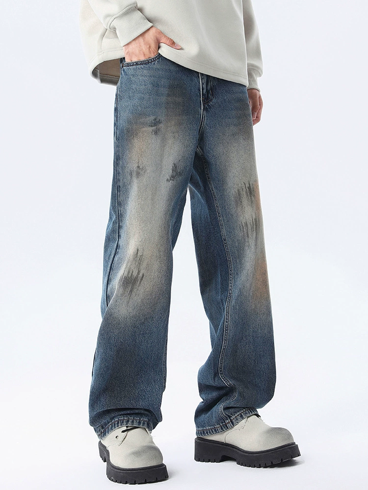 厂家直销男士水洗做旧宽松牛仔裤，街头风格，适合春秋季休闲穿着