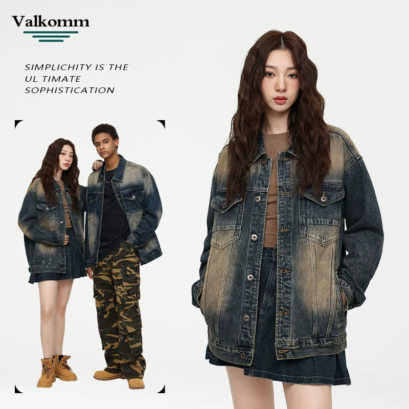 厂家直销男士宽松复古蓝牛仔外套，时尚简约设计，春秋休闲，免烫处理多口袋夹克