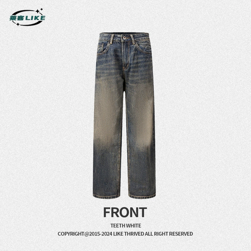 厂家直销男士宽松水洗做旧牛仔裤，复古风格直筒版型，秋季日常休闲穿搭必备