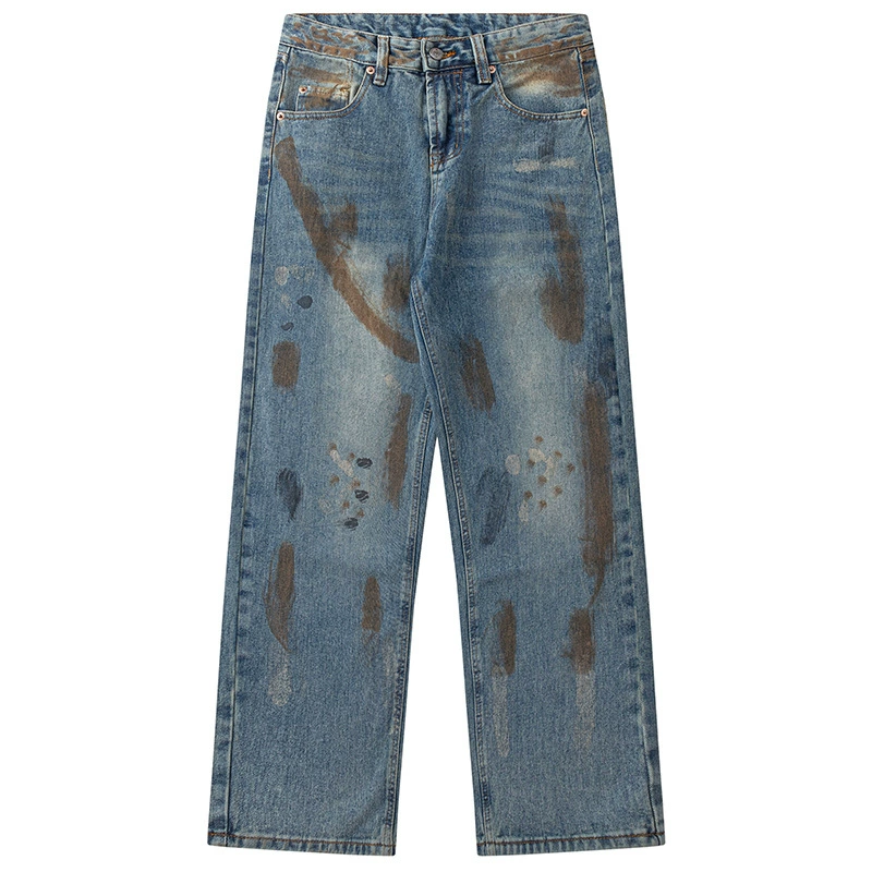 厂家直销男士宽松手绘渐变牛仔裤，复古直筒，春秋休闲，水洗时尚设计