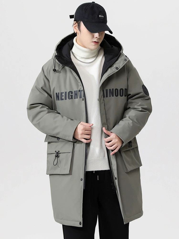 厂家直销青年男士加厚保暖立领黑色连帽羽绒外套，冬季休闲风格，多口袋设计