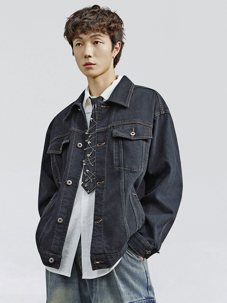 厂家直销青年透气宽松水洗黑色牛仔外套，秋季日常潮牌，免烫处理牛仔夹克