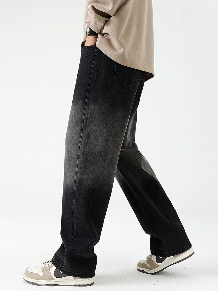 厂家直销男士宽松水洗直筒牛仔裤，春秋休闲风格，免烫处理撞色设计