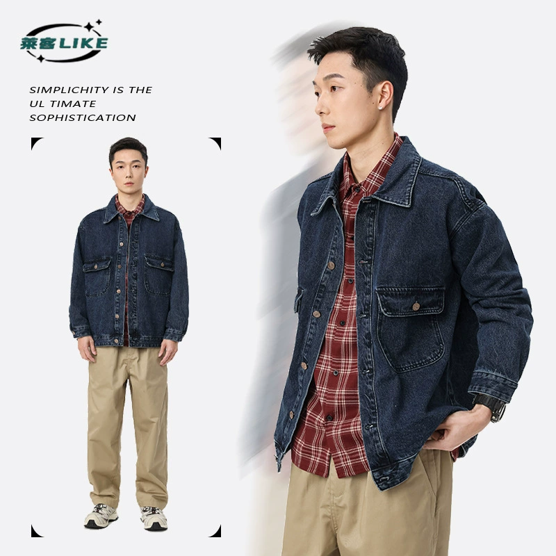 厂家直销男士复古宽松牛仔外套，时尚大口袋设计，耐磨牛仔面料，春秋休闲日常款，嘻哈风格传统磨毛工艺