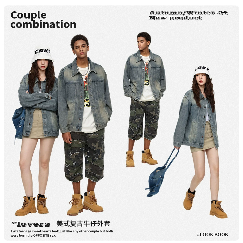 厂家直销男士水洗宽松牛仔外套，复古高街风格，春秋休闲，多口袋设计