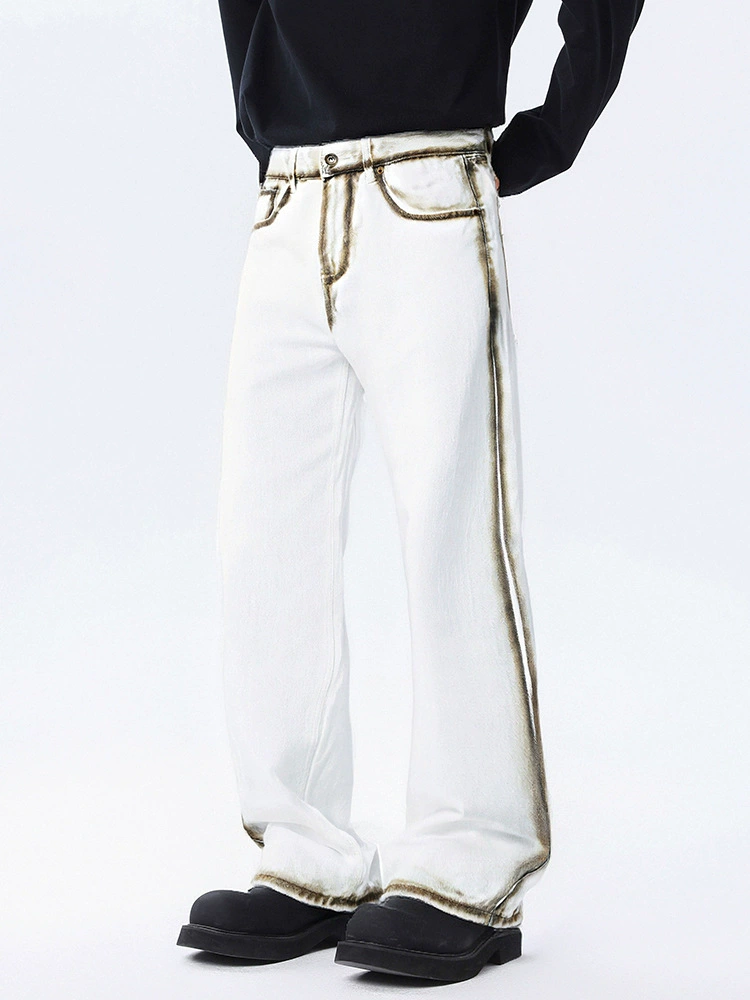 厂家直销青少年宽松水洗喷绘牛仔裤，复古直筒设计，休闲春秋必备时尚款式