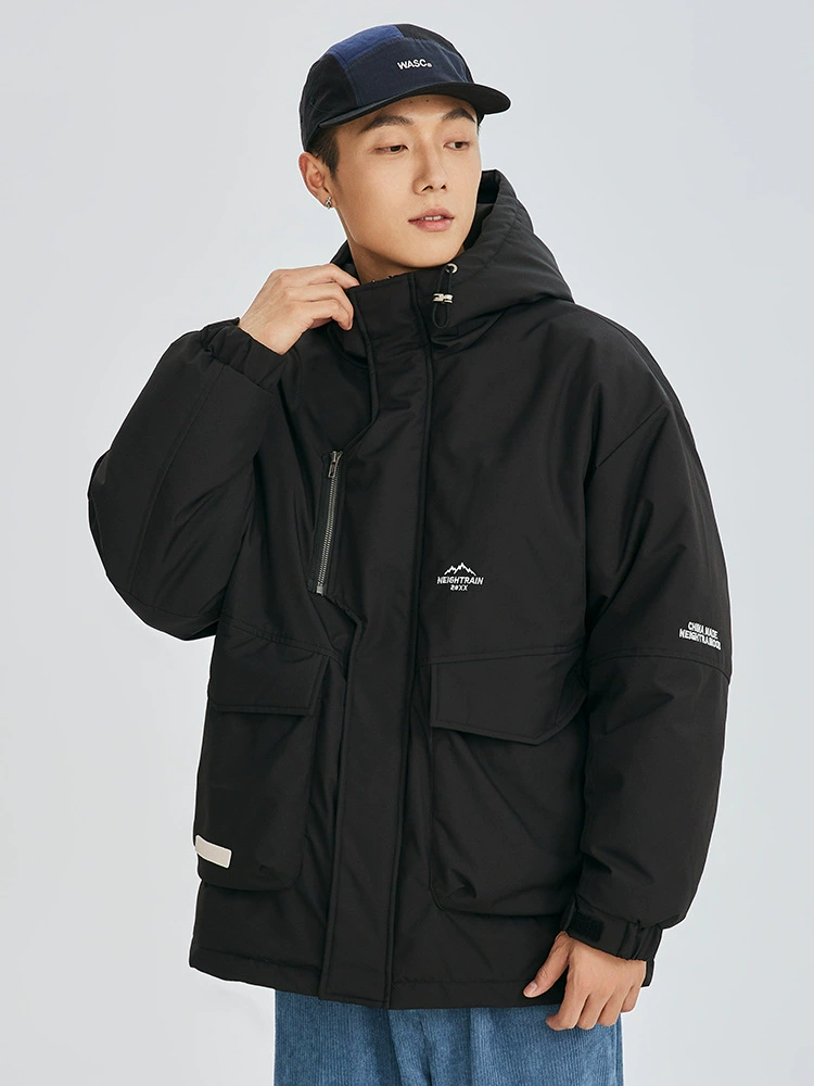 厂家直销青少年宽松白鸭绒连帽外套，冬季加厚日系复古款，防寒保暖，休闲风格