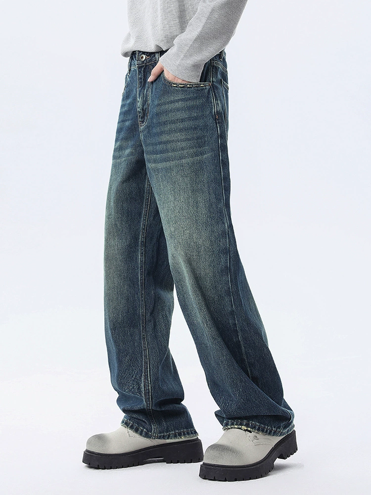 厂家直销男士宽松直筒牛仔裤，复古做旧风格，春秋休闲款，多口袋设计