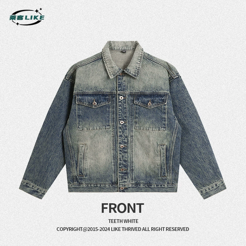 厂家直销男士宽松牛仔外套，春秋休闲美式风格，多口袋设计，街潮牛仔夹克