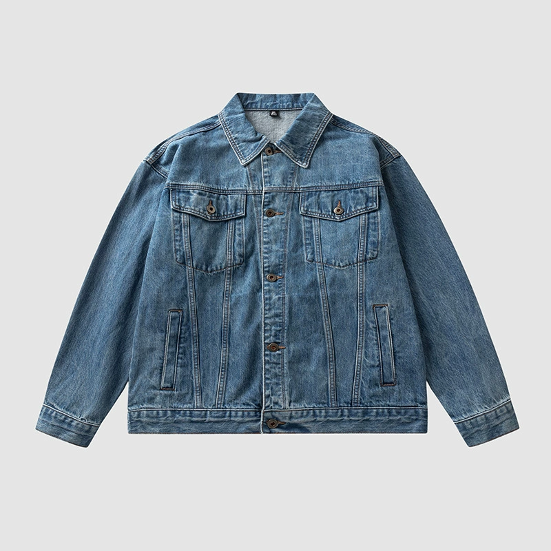 厂家直销男士宽松透气水洗牛仔外套，秋季休闲复古风格，免烫处理多口袋设计