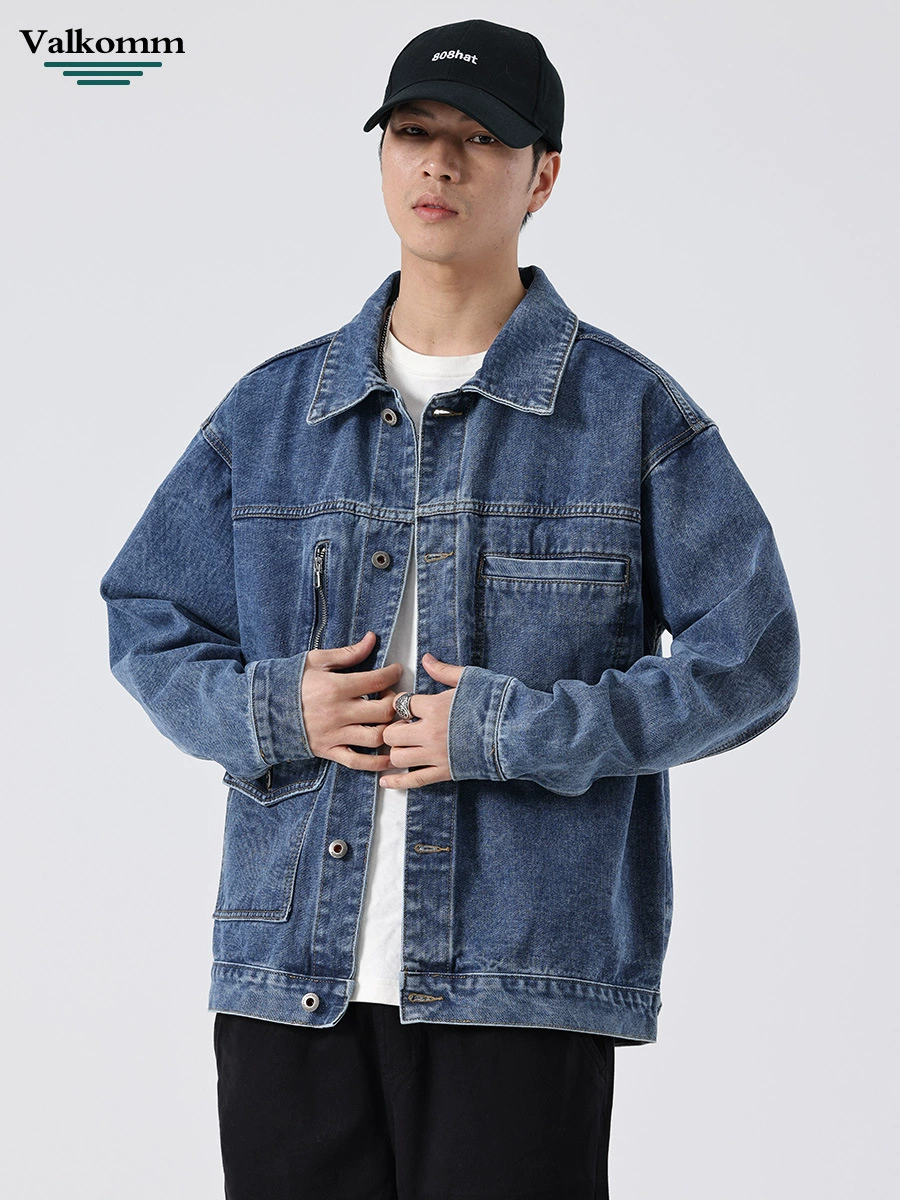 厂家直销男士宽松蓝色牛仔外套，复古潮牌设计，春秋休闲风格，多口袋免烫处理