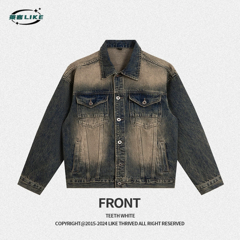 厂家直销青年男士宽松复古牛仔外套，春秋季高街潮牌，经典翻领设计，口袋装饰 стиль。