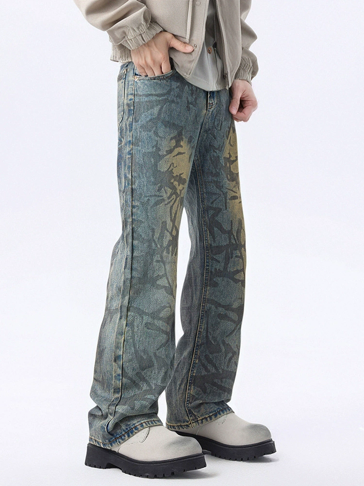 厂家直销男士宽松涂鸦水洗牛仔裤，秋季高街风格直筒长裤，休闲必备，时尚复古款