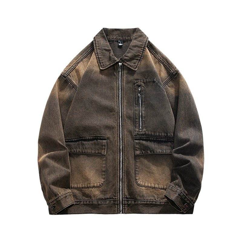 厂家直销男士宽松修身牛仔外套，春秋季美式复古风工装夹克，日常穿搭，免烫处理多口袋设计