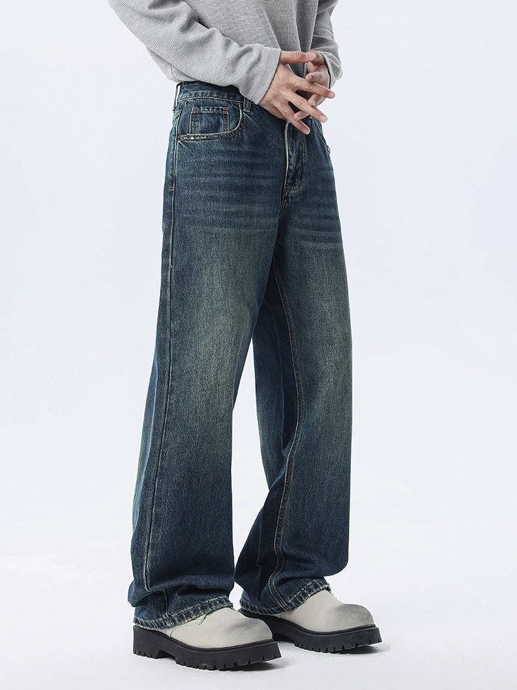 厂家直销男士宽松直筒牛仔裤，复古做旧风格，春秋休闲款，多口袋设计