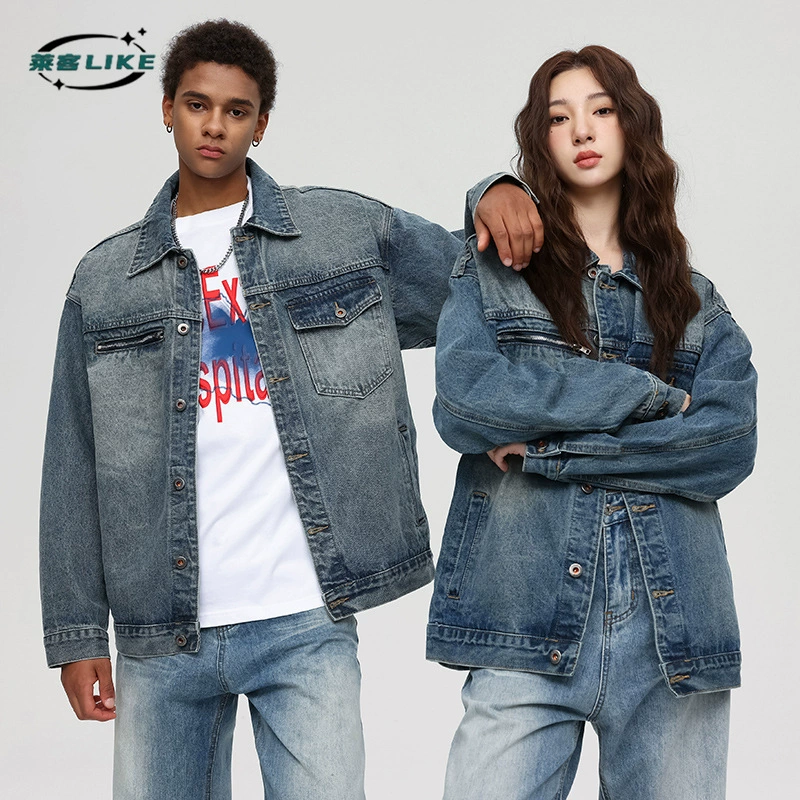 厂家直销青年男士修身复古水洗牛仔外套，宽松版型，春秋季，免烫多口袋设计