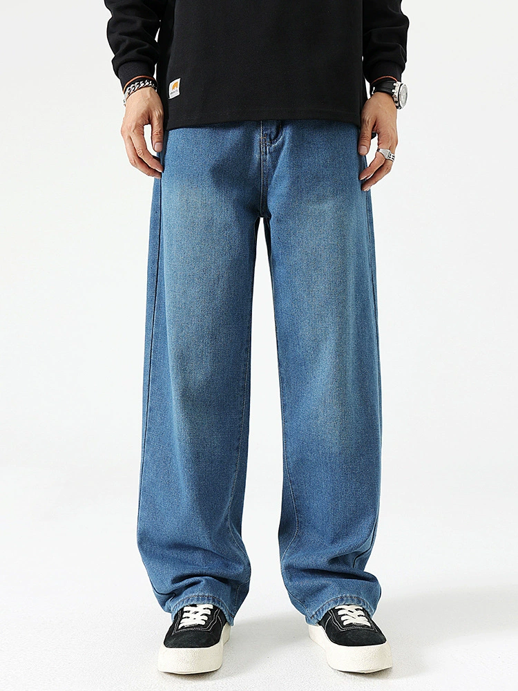 厂家直销男士修身阔腿牛仔裤，高街潮流风格，适合春秋季日常穿着，水洗工艺设计