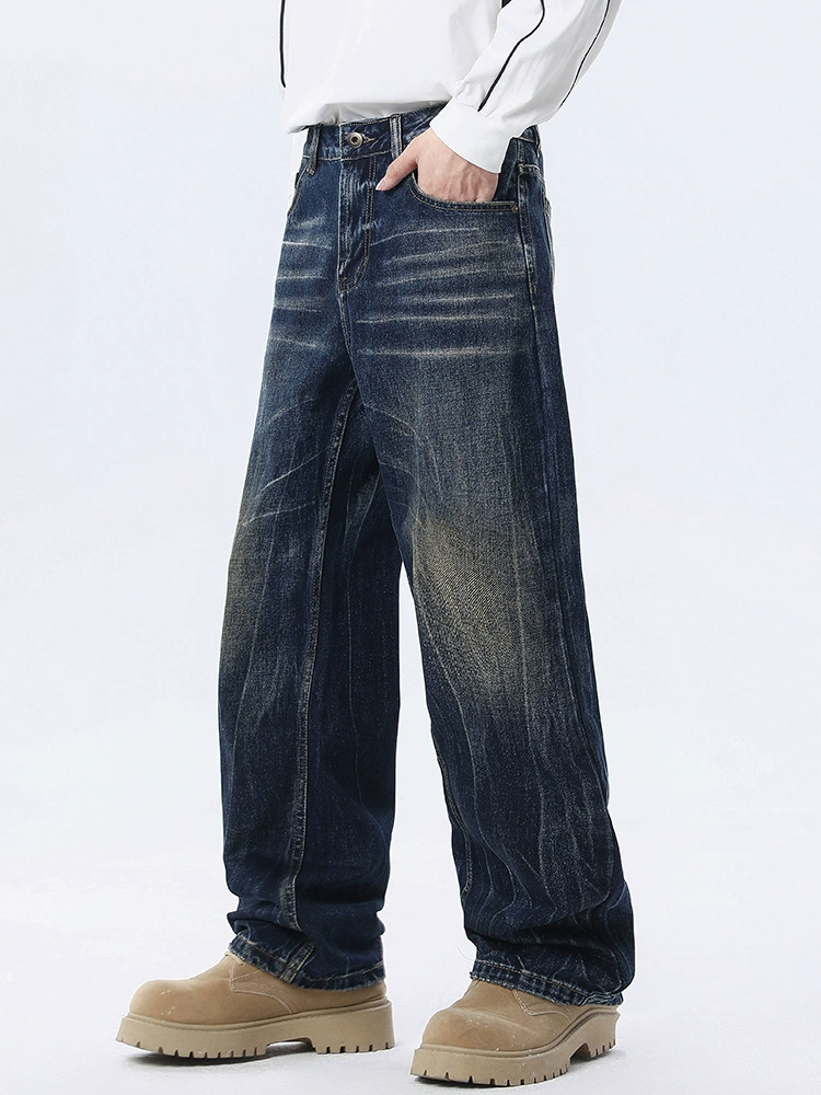 厂家直销男士水洗宽松阔腿牛仔裤，复古直筒休闲风格，适合春秋季，免烫处理，青春潮流款式
