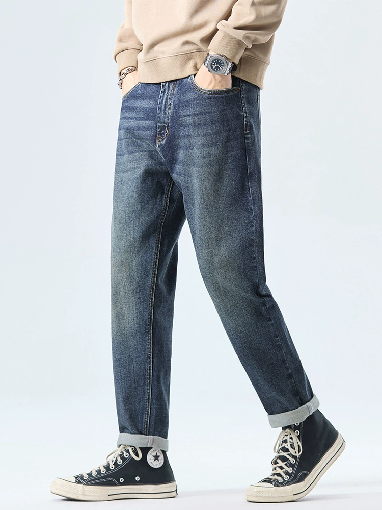 厂家直销男士修身铅笔牛仔裤，复古水洗设计，春秋休闲风，微弹长裤，多口袋装饰