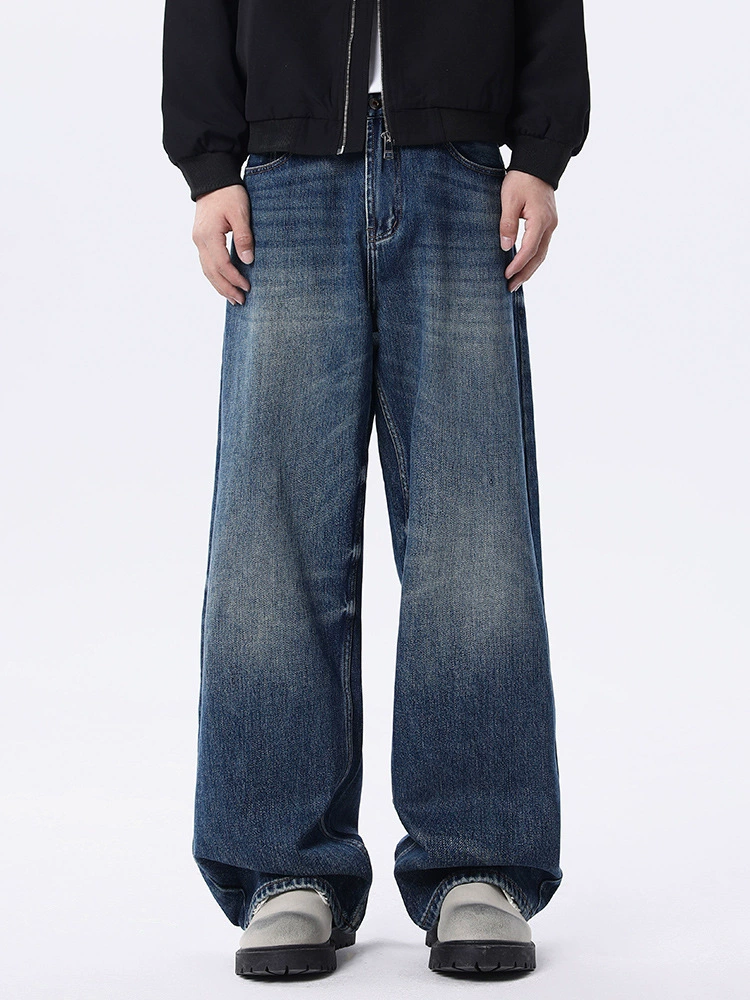 厂家直销男士宽松水洗做旧牛仔裤，深蓝色直筒版型，适合春秋休闲场景，青春流行风格