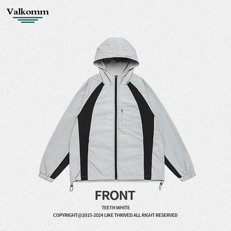 厂家直销男士高街风格薄款连帽夹克，宽松版型，休闲春秋，拼色设计，耐磨功能