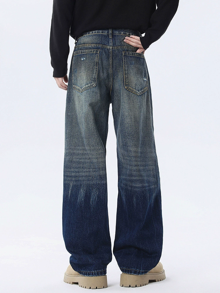 厂家直销男士宽松破洞牛仔裤，休闲百搭直筒款，秋季时尚街潮风格，水洗做旧工艺