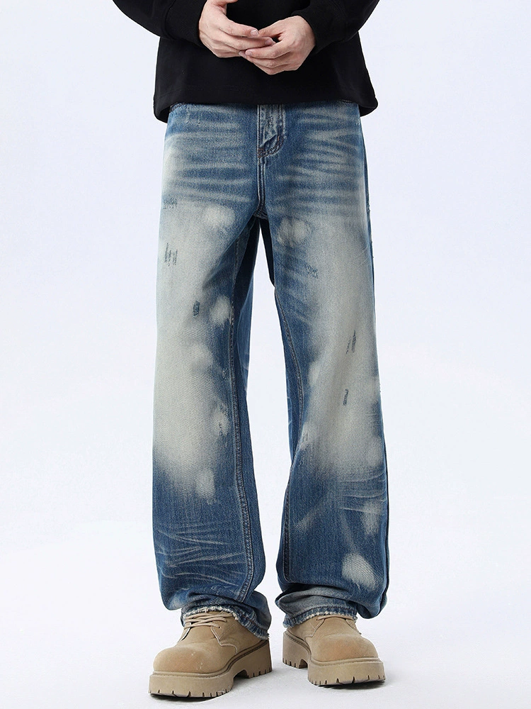 厂家直销男士宽松水洗磨白铅笔牛仔裤，秋季新款，独特设计感多口袋长裤