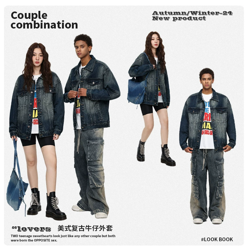 厂家直销男士宽松渐变牛仔外套，复古休闲风格，多口袋设计，春秋季必备，舒适棉质面料