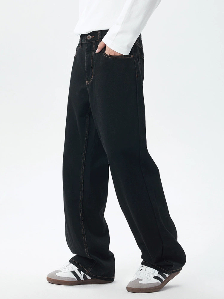 厂家直销男士牛仔裤，修身垂感设计，时尚黑色直筒裤，秋季休闲风格，多口袋免烫处理