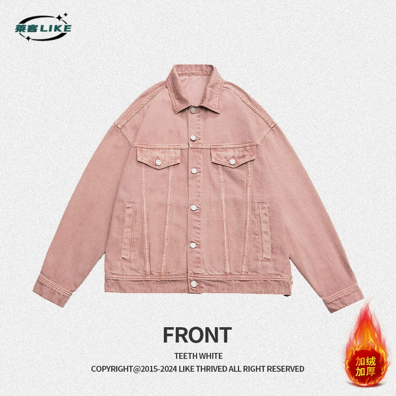 厂家直销男士宽松加绒牛仔外套，四季休闲风，美式复古染色夹克