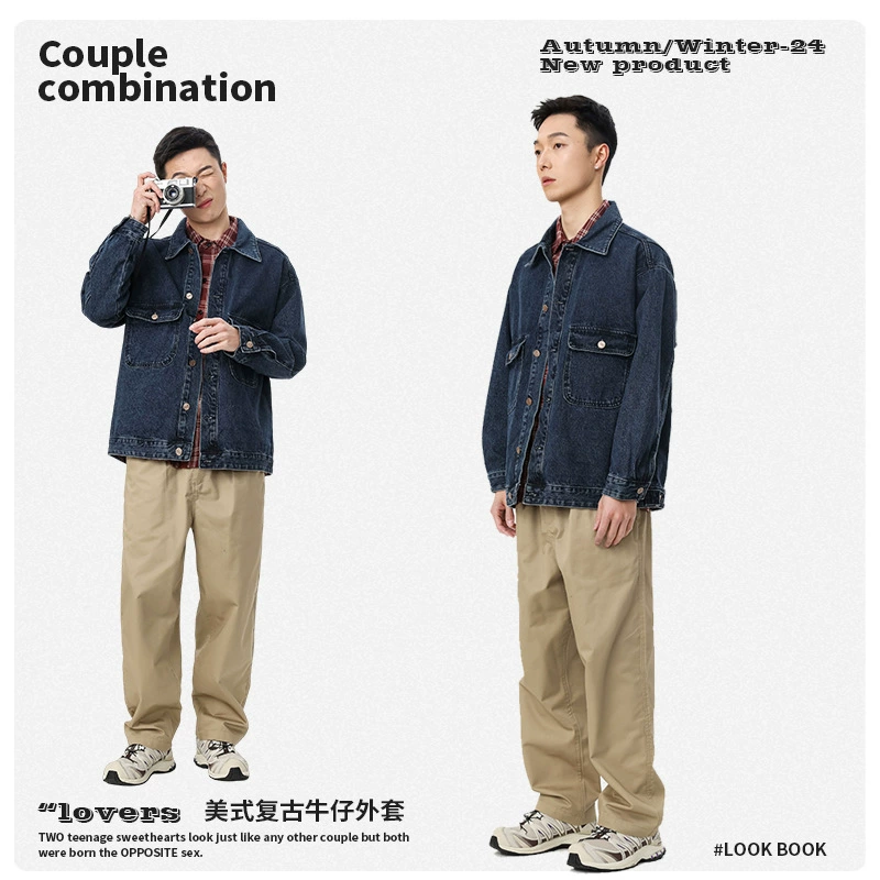 厂家直销男士复古宽松牛仔外套，时尚大口袋设计，耐磨牛仔面料，春秋休闲日常款，嘻哈风格传统磨毛工艺
