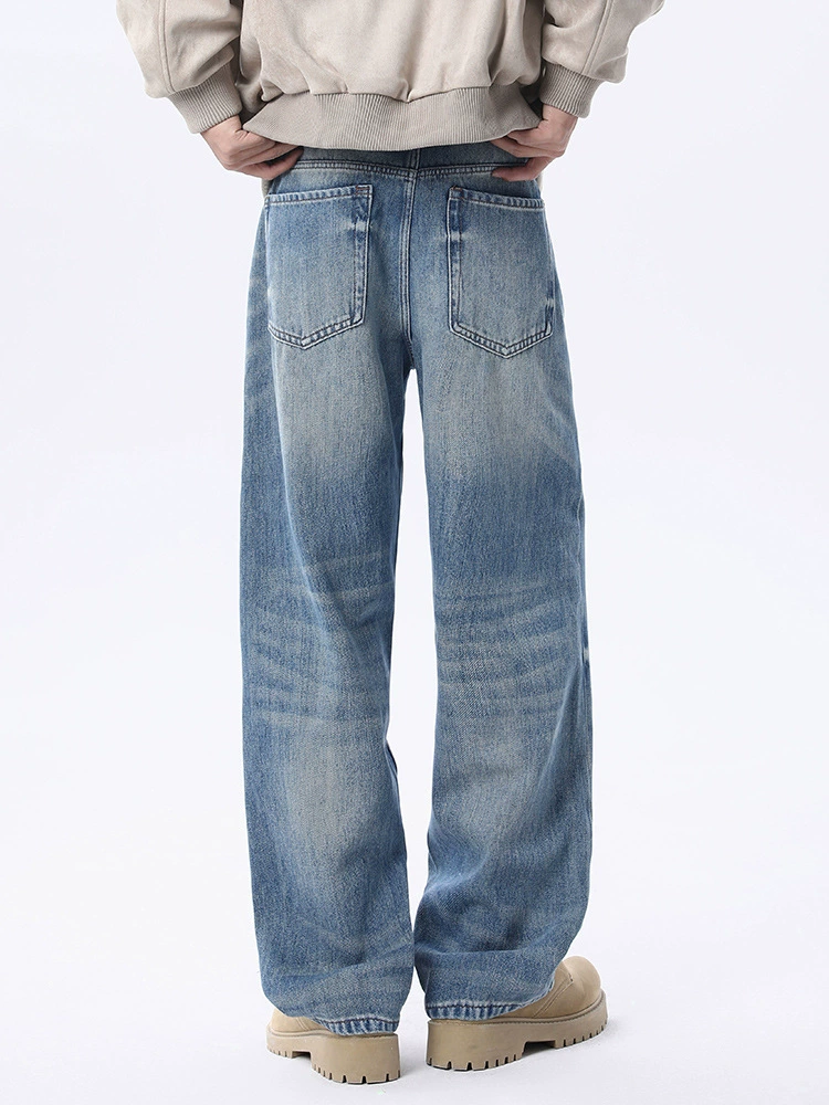 厂家直销男士水洗复古牛仔裤，宽松直筒设计，春秋休闲，猫须做旧工艺