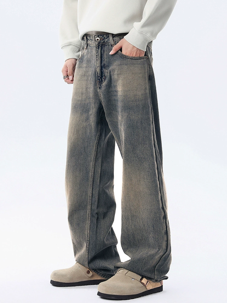 厂家直销男士复古水洗牛仔裤，宽松直筒设计，高街潮流风格，春秋季日常穿搭，做旧工艺时尚款式