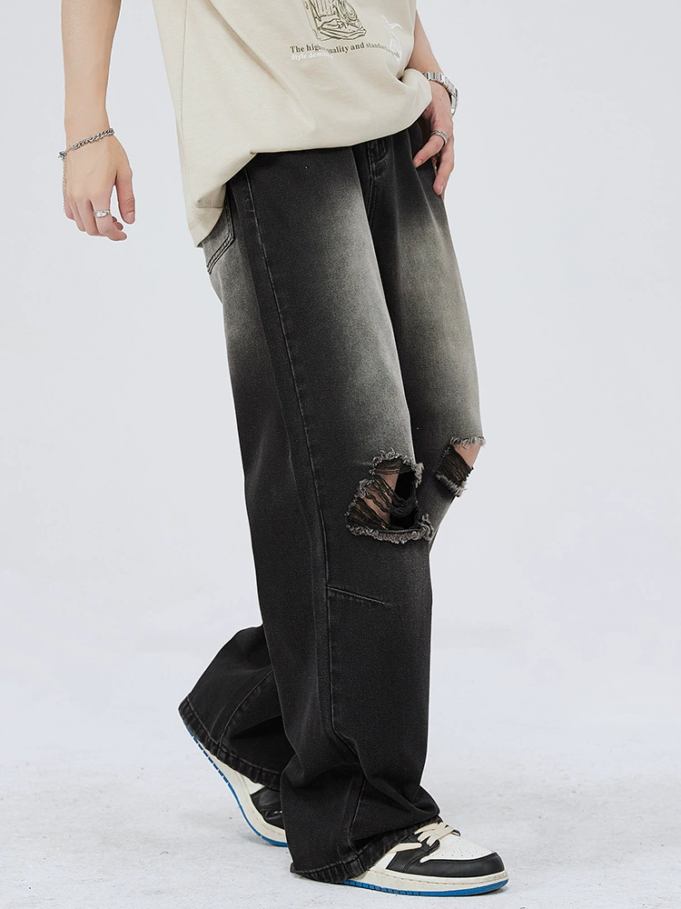 厂家直销男士复古水洗破洞宽松直筒牛仔裤，夏季休闲风格，多口袋设计