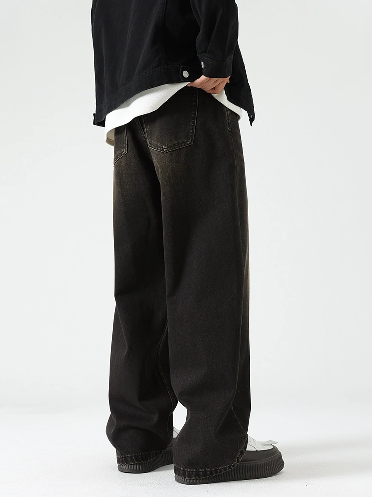 厂家直销男士复古水洗宽松牛仔裤，潮流阔腿，春秋季休闲风格，多口袋设计