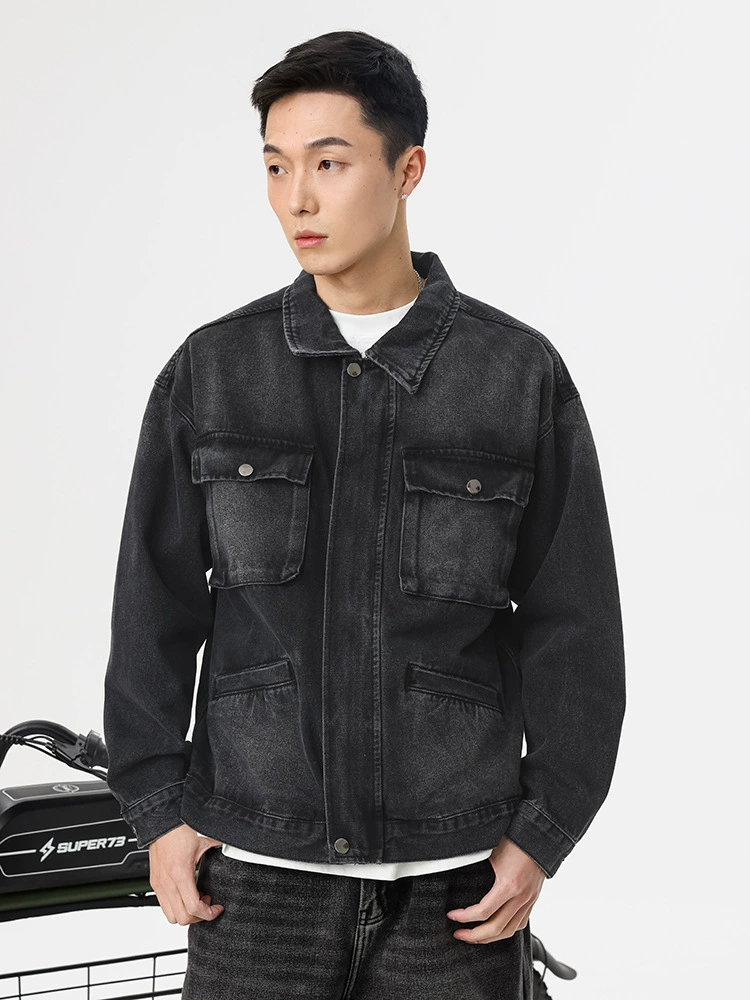 厂家直销男士宽松透气牛仔外套，时尚休闲风格，多口袋设计，适合春秋季节