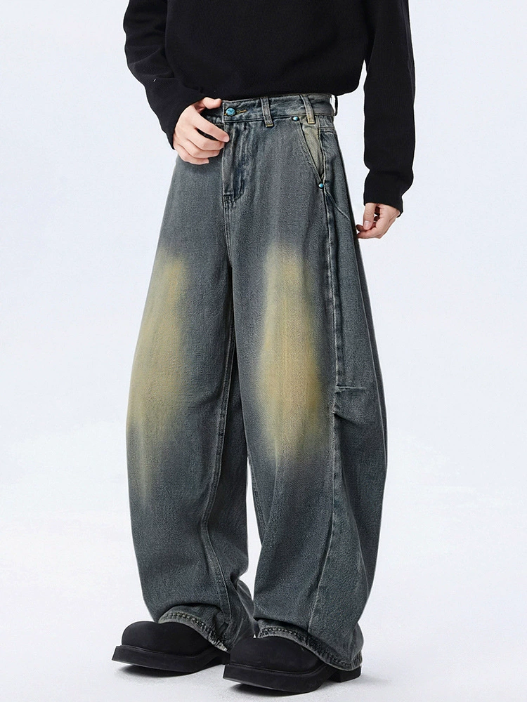 سراويل جينز فضفاض عصري مغسول باللون الأزرق الداكن من قماش القطن، تصميم مُريح لربيع وخريف، مع تفاصيل متعددة الجيوب