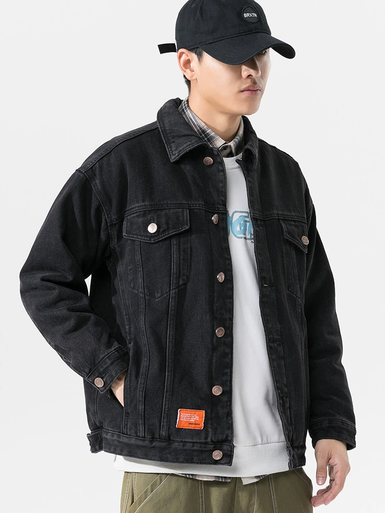 厂家直销男士加厚保暖黑色牛仔外套，宽松版型，冬季休闲，绒面水洗设计