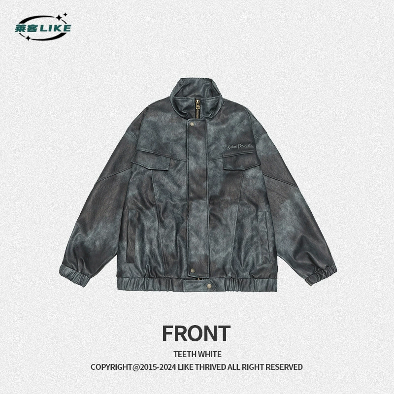 厂家直销青年宽松扎染PU皮夹克，时尚复古外套，休闲风格，适合春秋季，多口袋设计