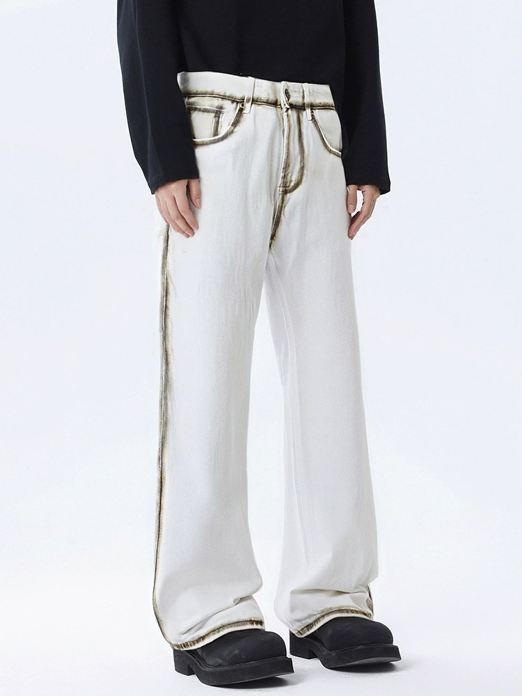 厂家直销男士宽松水洗喷绘牛仔裤，时尚直筒设计，春秋休闲风格，多口袋实用