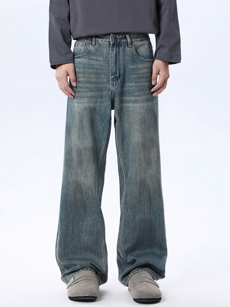 厂家直销男士慵懒复古水洗直筒牛仔裤，秋季宽松设计，多口袋实用休闲款