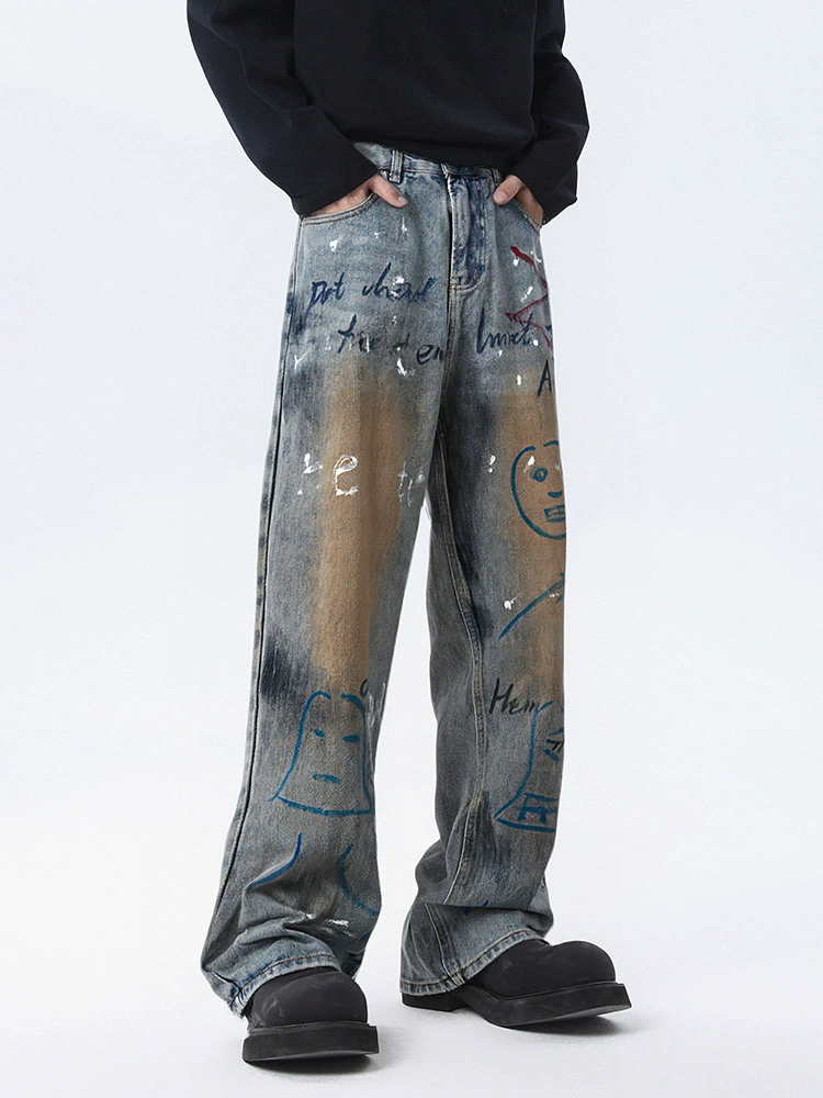 厂家直销男士宽松休闲涂鸦牛仔裤直筒款，春秋季，微弹水洗做旧设计