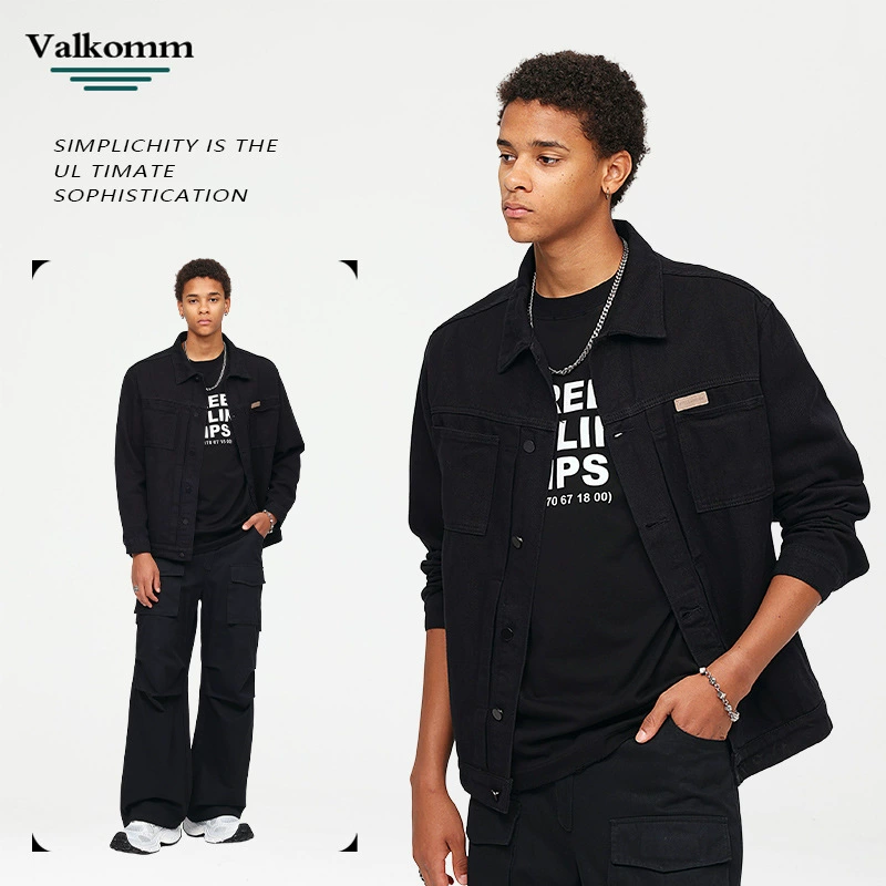 厂家直销男士加厚保暖黑色牛仔外套，宽松版型，冬季休闲，绒面水洗设计