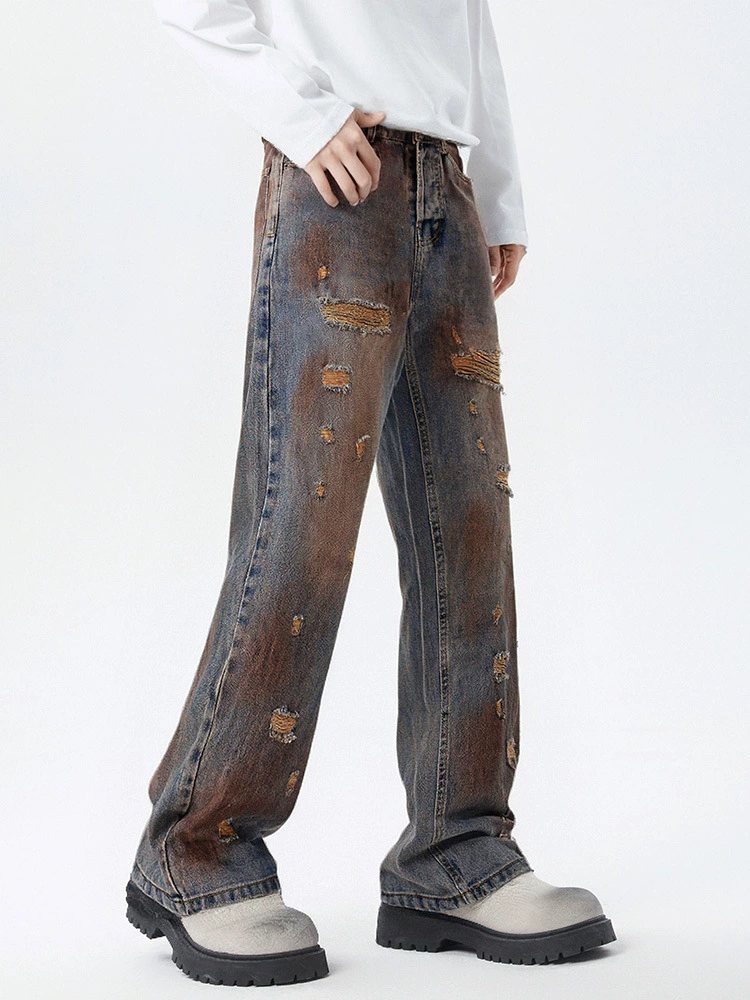 厂家直销男士修身复古水洗牛仔裤，直筒设计，春秋休闲，手工磨破风格