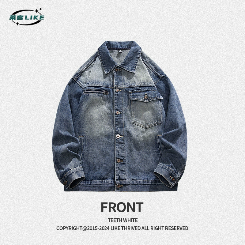 厂家直销青年男士修身复古水洗牛仔外套，宽松版型，春秋季，免烫多口袋设计