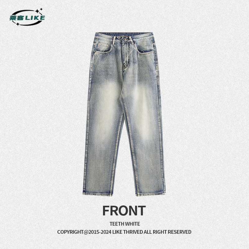 厂家直销男士修身水洗做旧牛仔裤，宽松直筒设计，秋季休闲日常必备