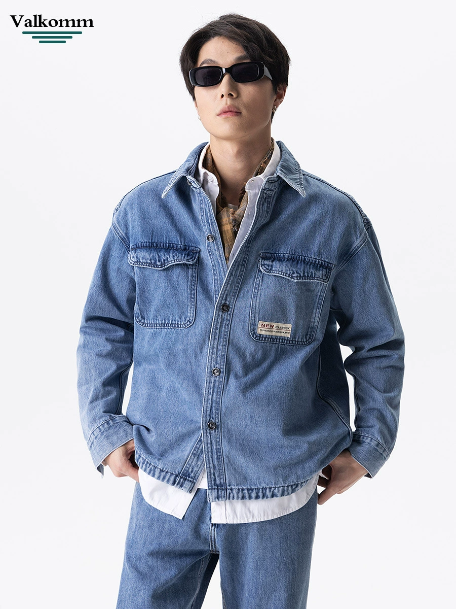 厂家直销男士宽松加绒牛仔外套，四季休闲风，美式复古染色夹克