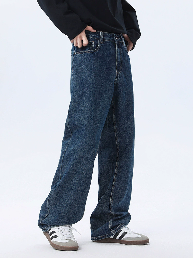 厂家直销男士复古水洗宽腿牛仔裤，春秋休闲，微弹直筒长裤设计
